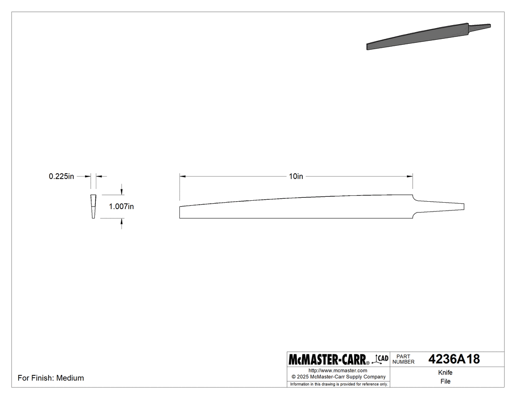 Technical Drawing of Knife File, for Medium Finish, 10" Long x 1" Wide.